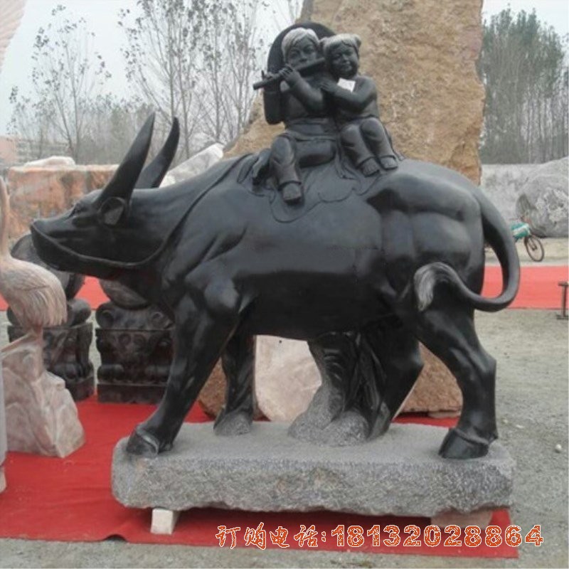 中国黑材质牧童牛石雕