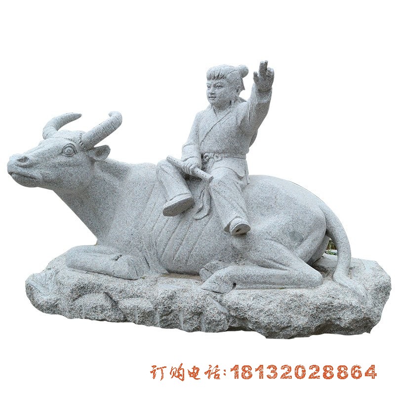 大理石坐式牧童牛雕塑