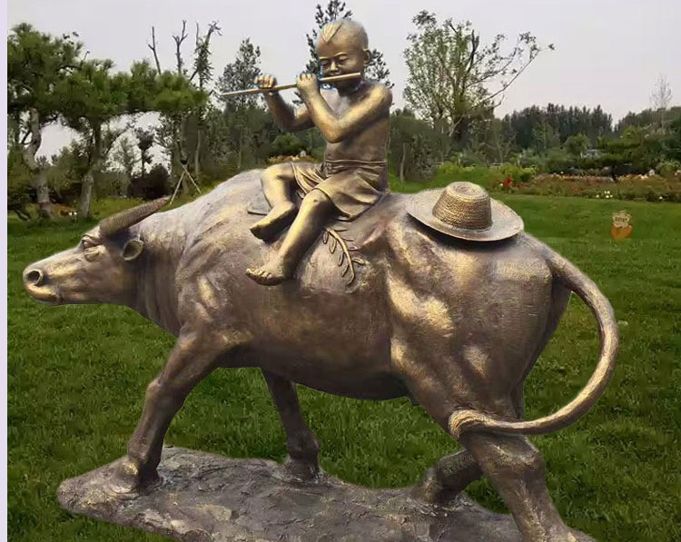 吹笛子的牧童牛铜雕