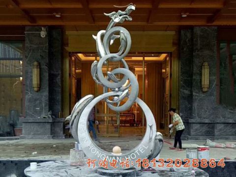 酒店不锈钢抽象鱼跃龙门雕塑