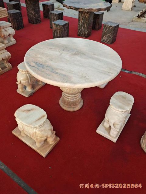大理石圆形石桌凳石雕